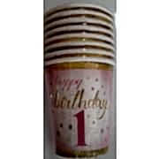 1 Yaş Pembe 8 Adet Yıldızlı Happy Birthday Bardak Parti Bardağı