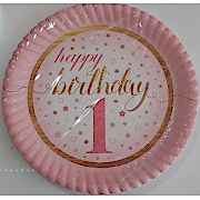 1 Yaş Pembe 8 Adet Yıldızlı Happy Birthday Tabak Parti Tabağı