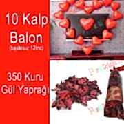 10 Kalp Balon + 350 Kuru Gül, Kalpli Balon ve Gül Yaprakları