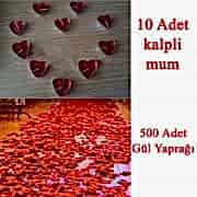 10 Mum + 500 Kumaş Gül Yaprağı Kalpli Mum ve Yapay Gül Yaprakları
