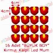 16 Adet 4x4cm Işıklı Kalp Mum Görünümlü, Kırmızı Led Mum