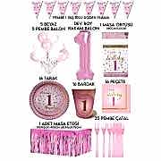 16 Kişilik Pembe Rakam Ve Beyaz Balonlu 1 Yaş Kız Doğum Günü Partisi Seti (tabak,bardak,peçete Vs)