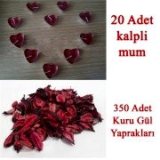 20 Mum + 350 Kuru Gül Yaprağı, Kalpli Mum ve Kuru Gül Yaprakları