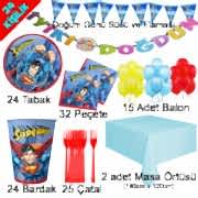 24 Kişilik Lüks Superman Doğum Günü Konsepti Çatal Tabak Balon vb