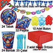 24 Kişilik Superman Temalı Doğum Günü Süsleri, Tabak Bardak Çatal