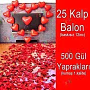 25 Kalp Balon + 500 Yapay Gül, Kalpli Balon ve Gül Yaprakları