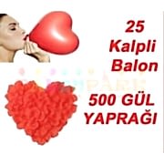 25 Kalp Balon Kırmızı 500 Gül Yaprağı Romantik Aşk Paketi Süsleme