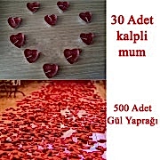 30 Mum + 500 Kumaş Gül Yaprağı Kalpli Mum ve Yapay Gül Yaprakları
