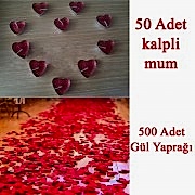50 Mum + 500 Kumaş Gül Yaprağı Kalpli Mum ve Yapay Gül Yaprakları