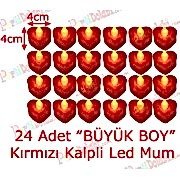 24 Adet 4x4cm Işıklı Kalp Mum Görünümlü, Kırmızı Led Mum