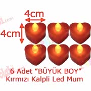 6 Adet 4x4cm Işıklı Kalpli Mum Görünümlü, Kırmızı Led Mum