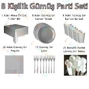 8 Kişilik Gümüş Gri Doğum Günü Parti Malzemeleri Konsepti Seti