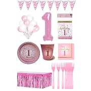 8 Kişilik Pembe Rakam Ve Beyaz Balonlu 1 Yaş Kız Doğum Günü Partisi Seti (TABAK,BARDAK,PEÇETE VS)
