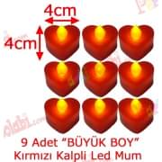 9 Adet 4x4cm Işıklı Kalp Mum Görünümlü, Kırmızı Led Mum