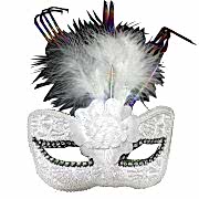 Beyaz Tüylü Kadın Parti Balo Göz Maskesi Dantelli, Taşlı Venedik