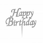 Gümüş Gri Happy Birthday Yazılı Ayna Pleksi, Pasta Üstü Süsü