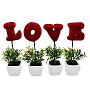 Kırmızı Love Yazılı Saksı, Dekoratif Süs 4 Lü Yapay Çiçek