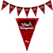 Kırmızı Seni Seviyorum Baskılı Flama Yetişkin Doğum Günü Partisi