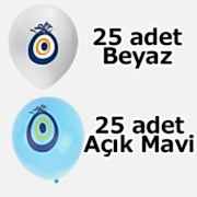 25 Mavi 25 Beyaz Nazar Boncuklu Balon 50 li