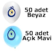 50 Mavi 50 Beyaz Nazar Boncuklu Sünnet Balon 100 lü